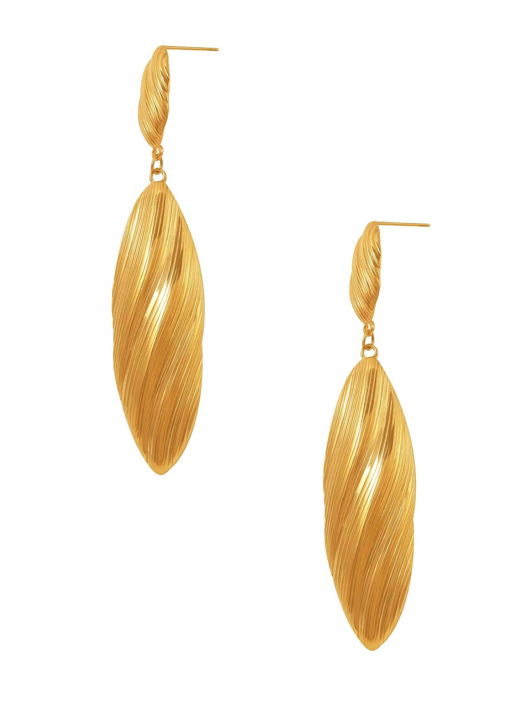 Gold drop earrings with elongated leaf-shaped textured design

