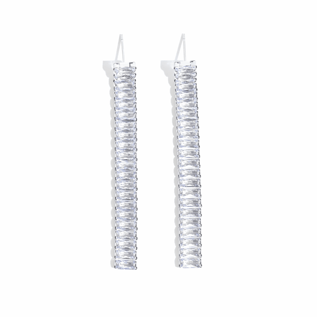Silver crystal bar drop earrings with vertical clear stone setting
