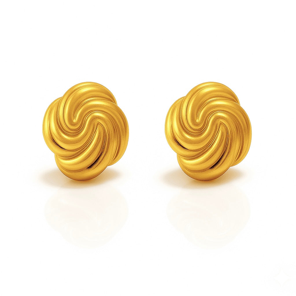 Polished gold knot stud earrings featuring an elegant twisted design, minimalist stainless steel jewelry photographed on a white background.