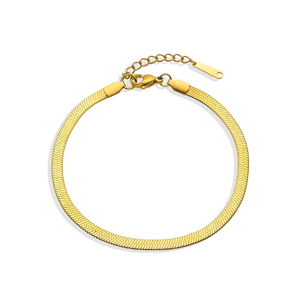 Herringbone gold bracelet with a flat, reflective pattern