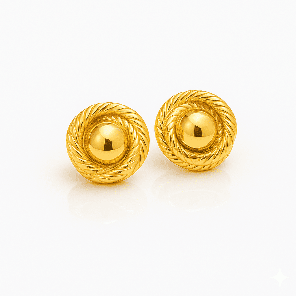 Twisted rope gold stud earrings with a domed center and polished finish, vintage-inspired stainless steel jewelry on a white background.